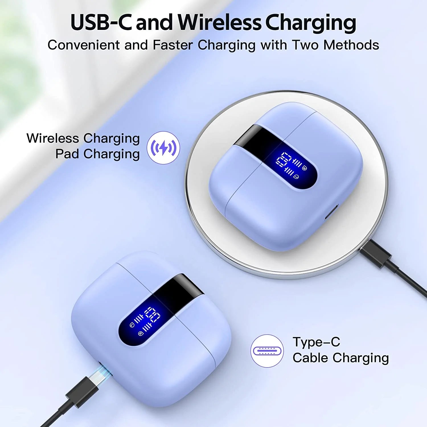 Bluetooth Headphones True Wireless Earbuds 60H Playback LED Power Display Earphones with Wireless Charging Case IPX5 Waterproof In-Ear Earbuds with Mic for TV Smart Phone Laptop Computer Sports
