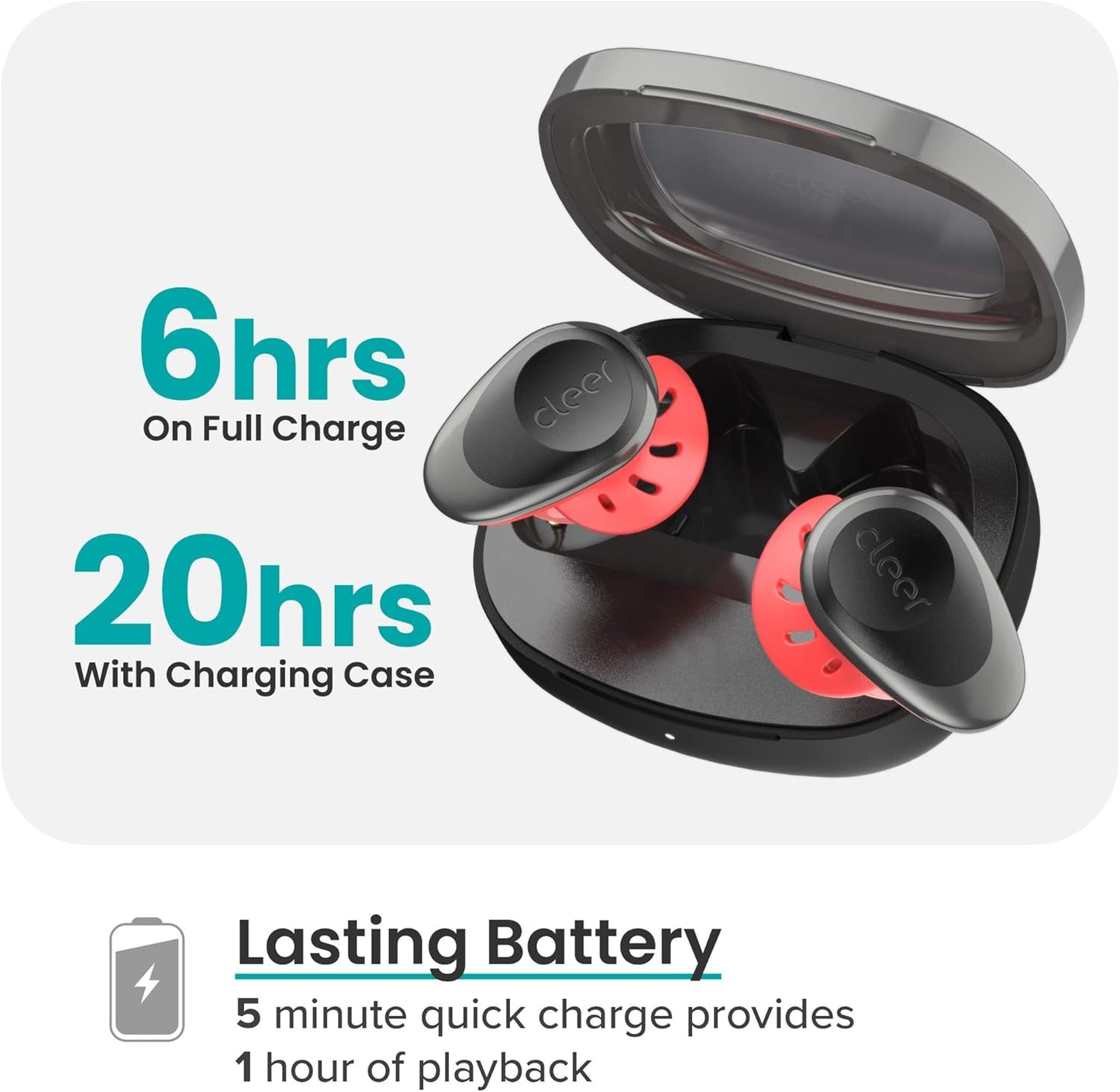 Goal Sport True Wireless Earbuds with 20 Hour Battery, for Workout and Exercise, Water and Sweat Resistant, Touch Controls, and High Audio Quality and Bass, Black/Red