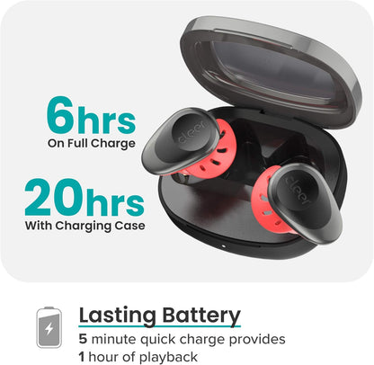 Goal Sport True Wireless Earbuds with 20 Hour Battery, for Workout and Exercise, Water and Sweat Resistant, Touch Controls, and High Audio Quality and Bass, Black/Red