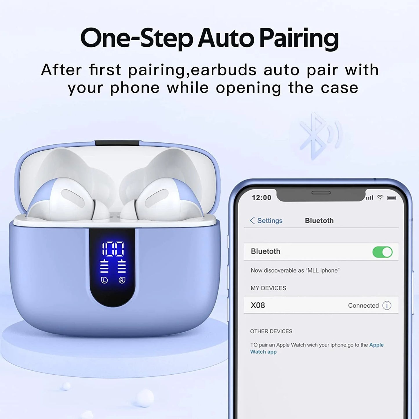 Bluetooth Headphones True Wireless Earbuds 60H Playback LED Power Display Earphones with Wireless Charging Case IPX5 Waterproof In-Ear Earbuds with Mic for TV Smart Phone Laptop Computer Sports