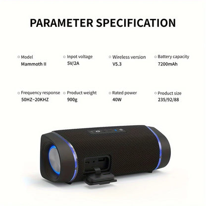Portable Bluetooth Speaker, IP67 Waterproof Wireless Speaker with 40W Stereo Sound, Mini Speaker with Wireless Stereo Pairing