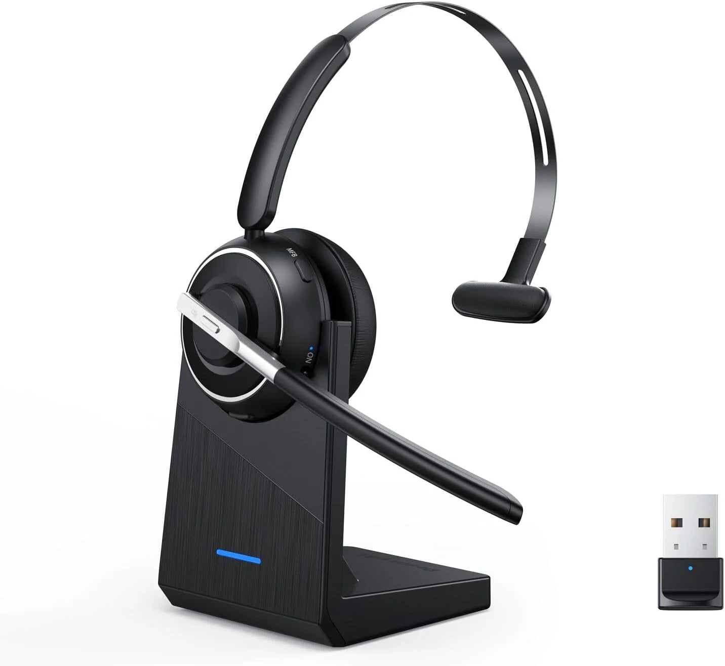 V5.2 Computer Bluetooth Headset with Microphone for PC, with Noise Cancelling Mic, USB Dongle, Charging Base & Mute Button for Work/Cell Phones/Computer/Call Center/Zoom
