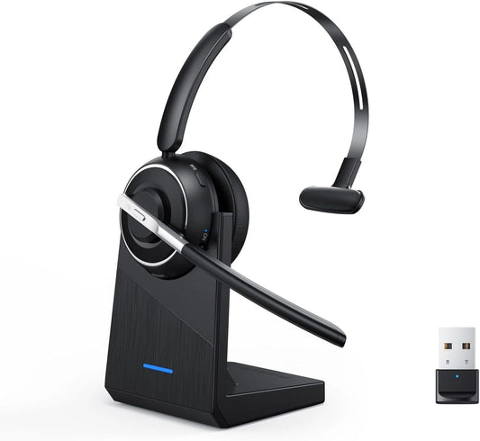 V5.2 Computer Bluetooth Headset with Microphone for PC, with Noise Cancelling Mic, USB Dongle, Charging Base & Mute Button for Work/Cell Phones/Computer/Call Center/Zoom